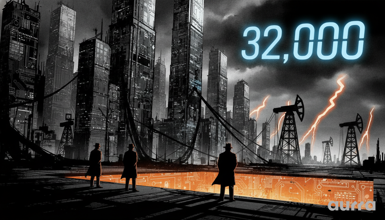 A sketch drawing in image_6cbf2d.jpg showing three men in trench coats and hats standing on a dark platform looking down into an orange glowing circuit pit. Tall futuristic skyscrapers rise in the background alongside oil pump jacks under a stormy sky with lightning, and a giant glowing blue 32,000 floats above.