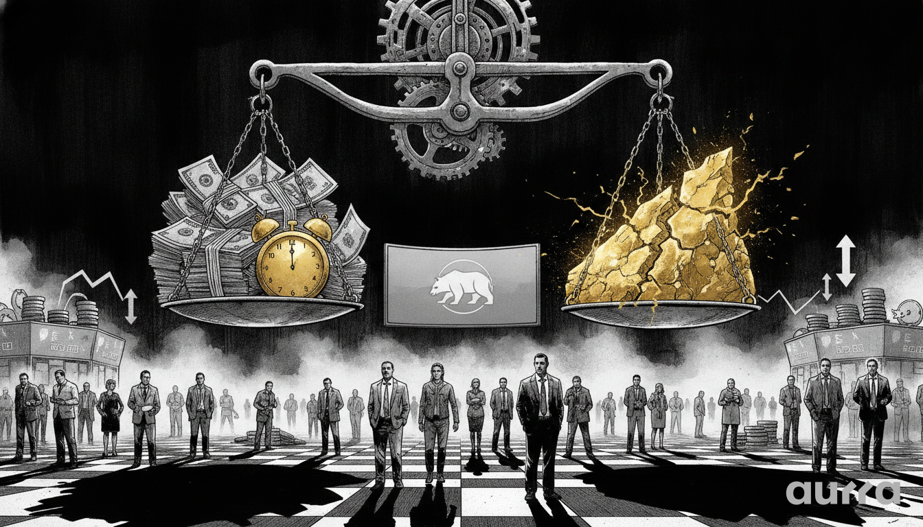 A sketch drawing in image_e514f8.jpg showing a large mechanical balance scale suspended by gears. The left pan holds stacks of US dollar bills and a gold alarm clock, while the right pan holds a large, cracked gold nugget emitting sparks. A banner displaying a white bear silhouette hangs between the pans, while a crowd of men in business suits stands on a checkerboard floor below alongside floating financial line charts.