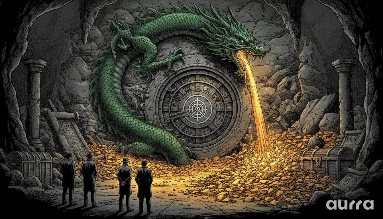 A sketch drawing in image_881da5.jpg showing four men in dark suits and coats standing inside a stone vault cavern, watching a large green dragon coiled around a circular metal vault door as it breathes a stream of molten gold onto piles of gold coins and treasure chests.