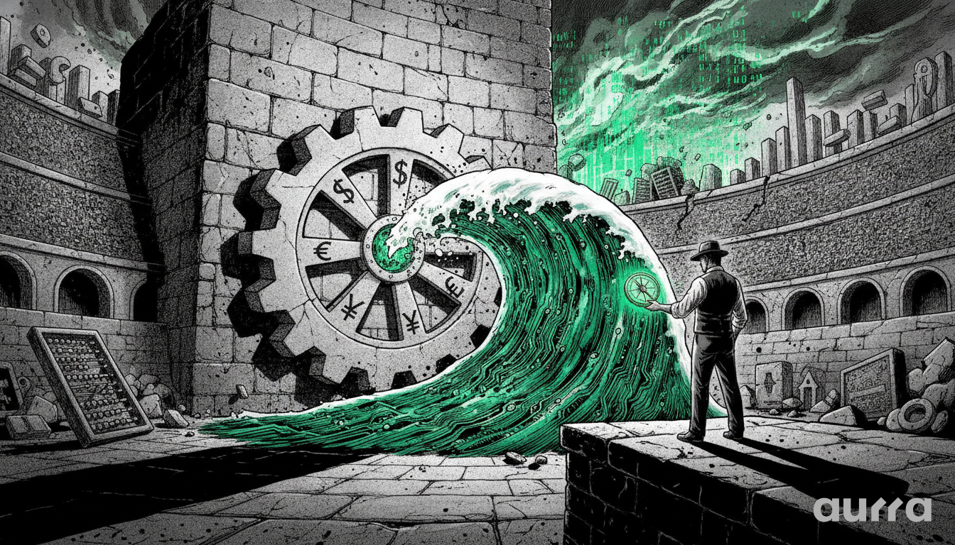 A sketch drawing showing a man in a vest and hat standing in a stone courtyard, holding a glowing green compass toward a curling green wave emerging from a large stone gear inscribed with currency symbols like $, €, and ¥. Broken stone ruins, an abacus, and a sky filled with glowing green digital code frame the arena background.