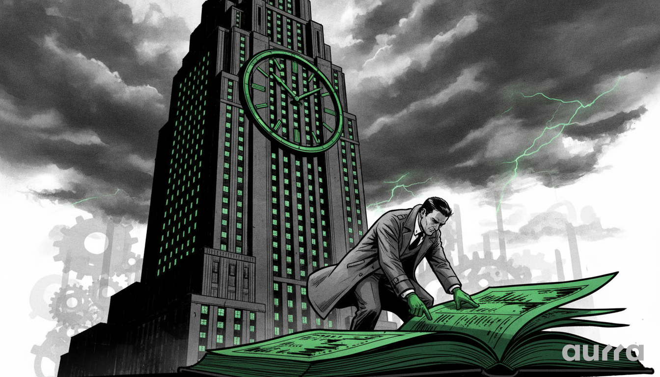 A sketch drawing in image_e39b19.jpg showing a man in a trench coat and green gloves crouching to examine a large open book with glowing green pages. Behind him stands a towering skyscraper featuring a massive green clock face and illuminated green windows, set against a dark, stormy sky with green lightning strikes and faint industrial gears in the background.