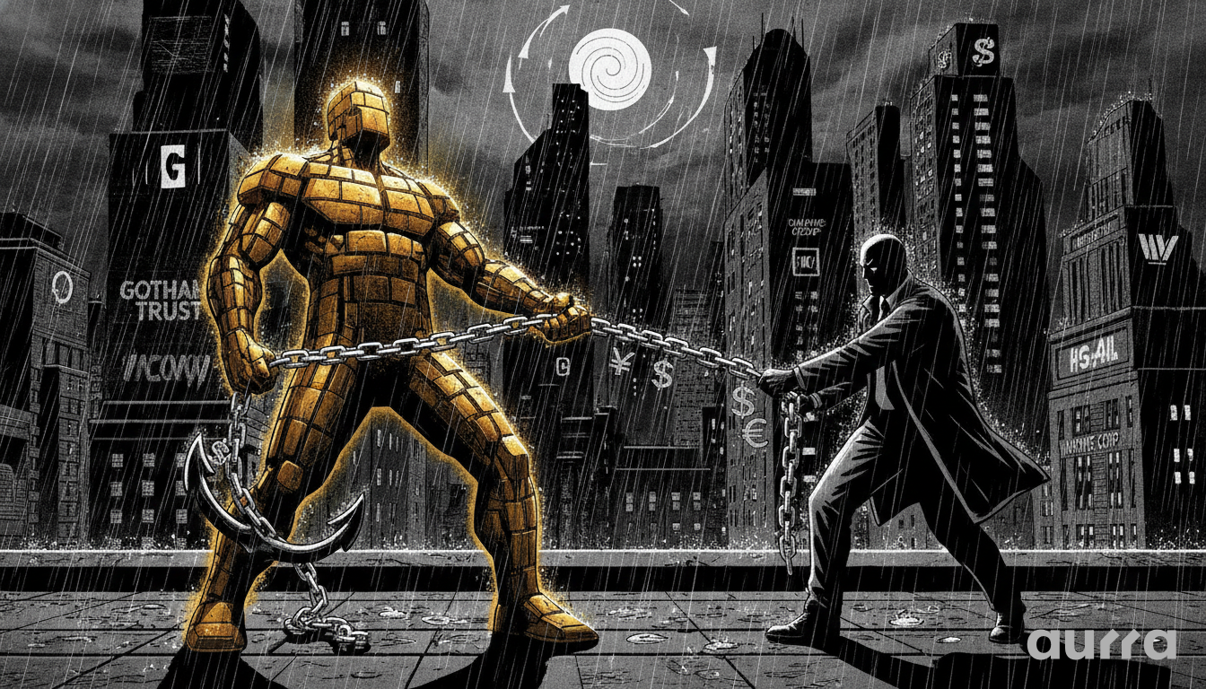 A sketch drawing in image_889e39.jpg showing a giant glowing golden figure made of stone blocks in a tug-of-war with a man in a dark trench coat on a rainy rooftop. The golden figure has an anchor chained to its leg, while financial currency symbols float between them against a dark city skyline.
