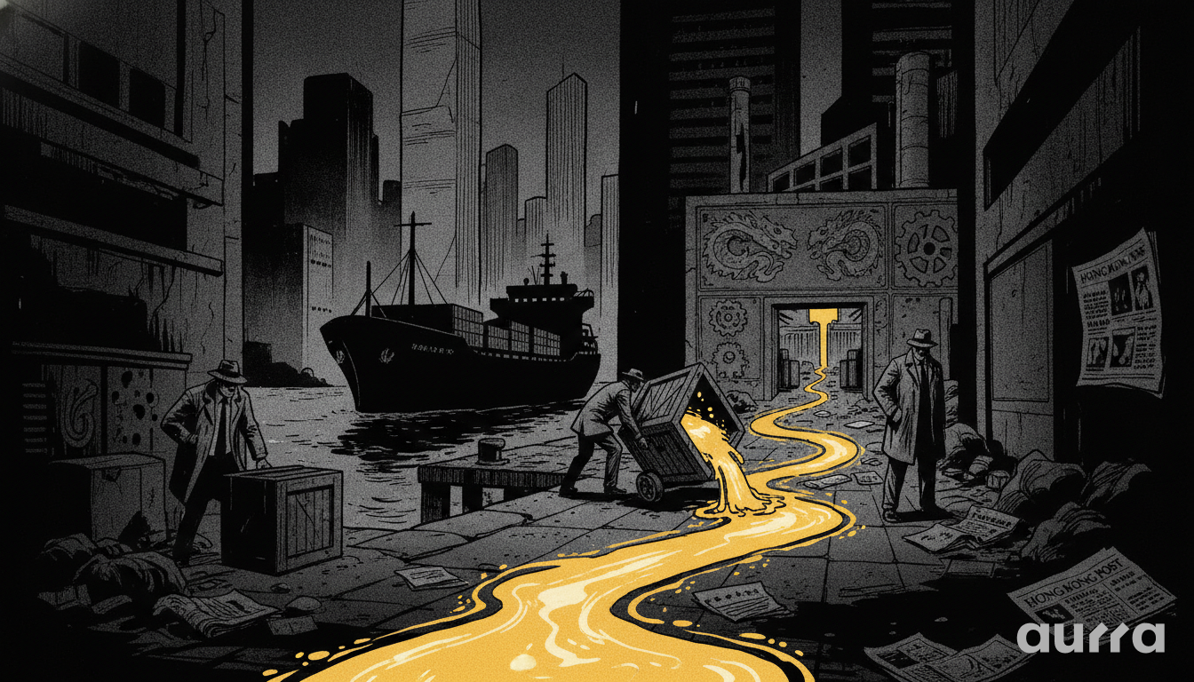 A sketch drawing showing men in trench coats on a harbor dock at night. In the center, a man tips a wooden cart, spilling glowing liquid gold across the stone walkway. A large cargo ship rests in the water behind them, while copies of the Hong Kong Post lie scattered on the ground near an industrial doorway.