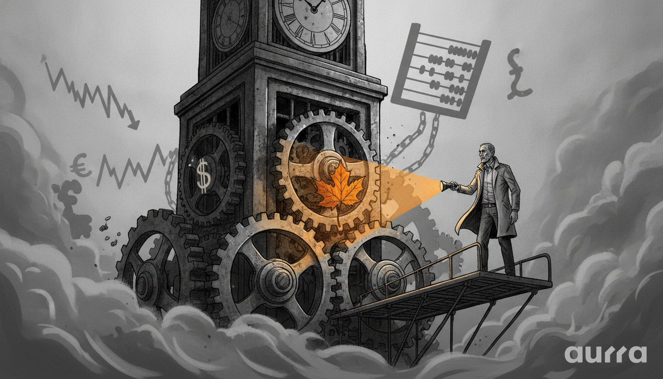 A sketch drawing showing a man in a trench coat standing on a metal catwalk, shining a flashlight into the large exposed gears of a stone clock tower. A bright orange maple leaf is caught between the cogs, while an abacus on a chain and faded financial symbols like $, €, and downward trending arrows float in the cloudy background.