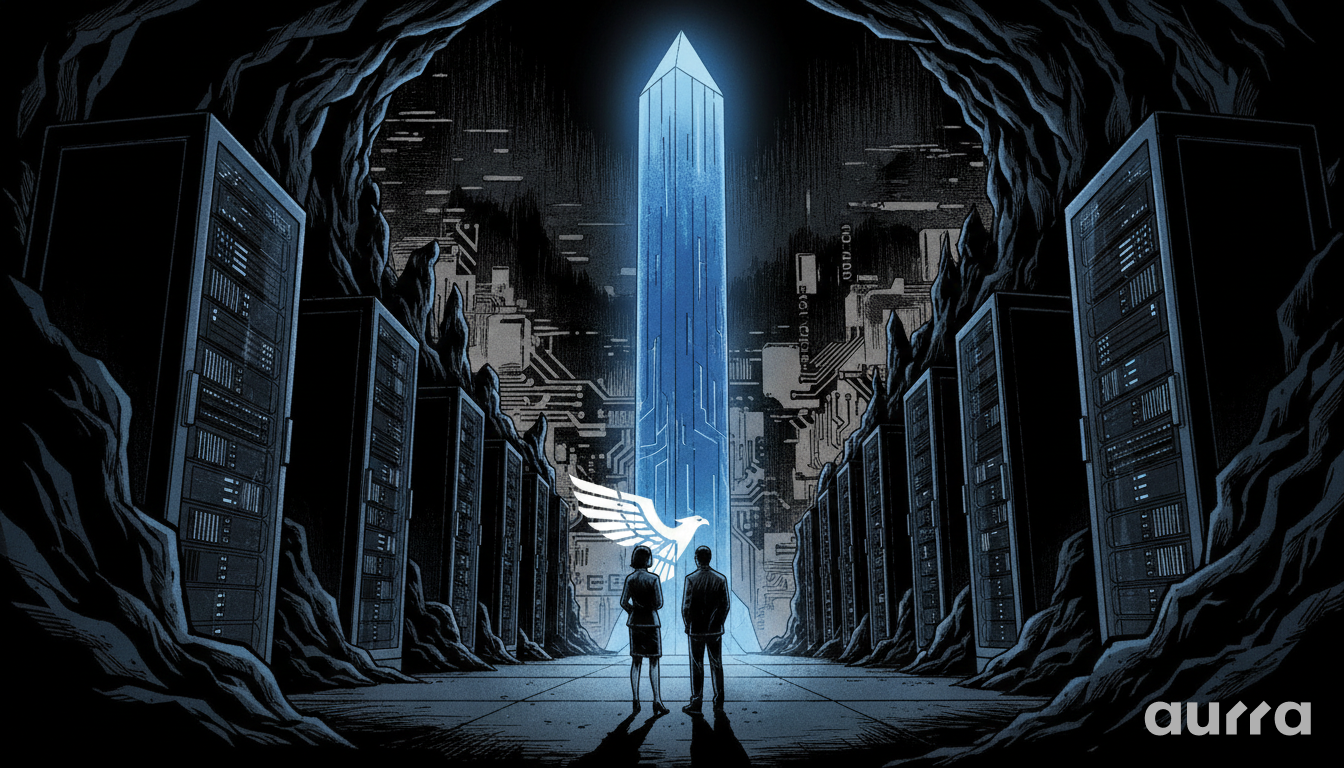 A sketch drawing showing two people in business attire standing inside a dark cavernous data center lined with tall server racks. In the center, a glowing blue crystal obelisk rises between the servers, fronted by a glowing white winged bird emblem.