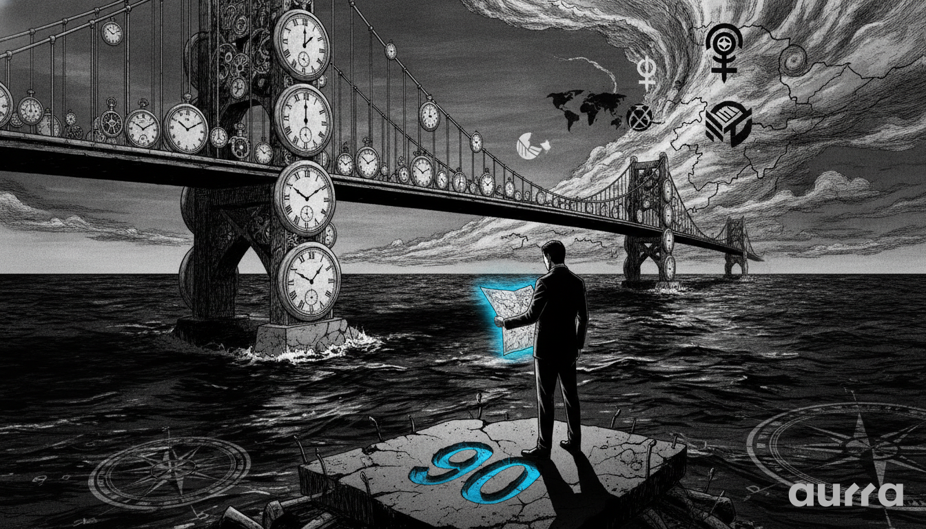 A sketch drawing in image_255cd3.jpg showing a man in a dark suit standing on a stone pillar engraved with a bright blue 90, holding a glowing blue map. In front of him, a suspension bridge covered with clock faces spans across dark ocean waters under stormy skies marked with celestial and map symbols.