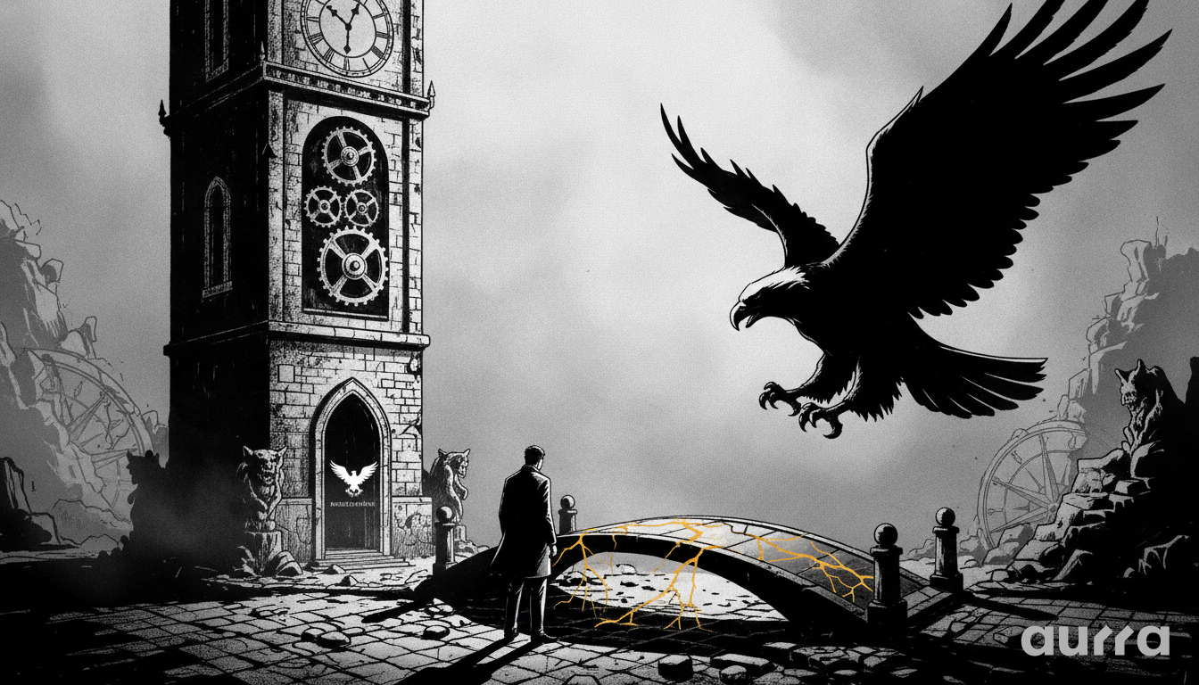 A sketch drawing in image_8a13e0.jpg showing a man standing before a stone bridge fractured with glowing golden cracks. A large eagle flies overhead with wings outstretched, while a tall stone clock tower with exposed internal cogs stands on the left under a cloudy sky.