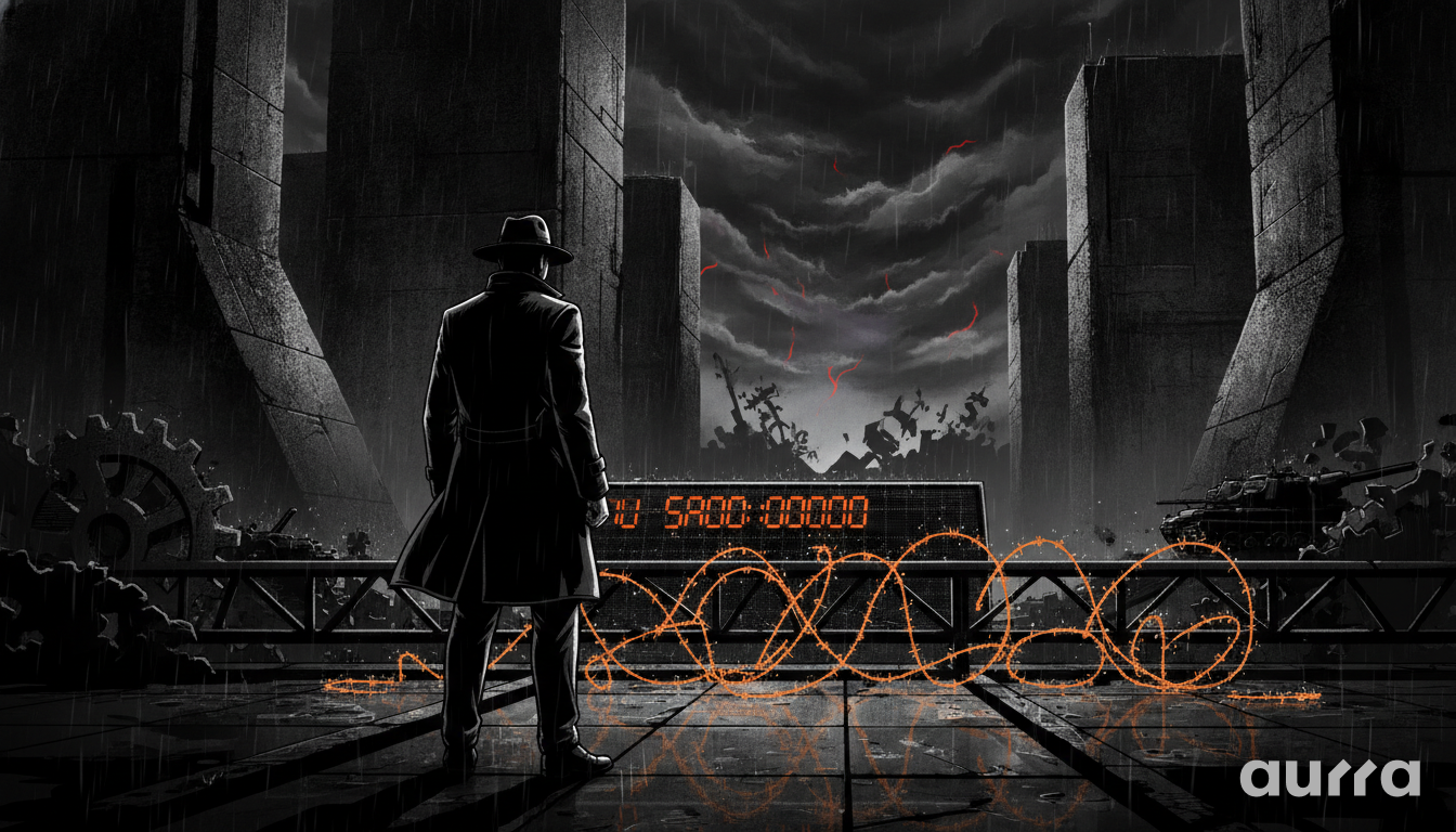 A sketch drawing in image_440fa0.jpg showing a man in a trench coat and fedora standing on a wet surface looking toward an orange digital display behind barbed wire. Towering concrete pillars, a military tank, gears, and a stormy sky with faint red streaks frame the background scene.
