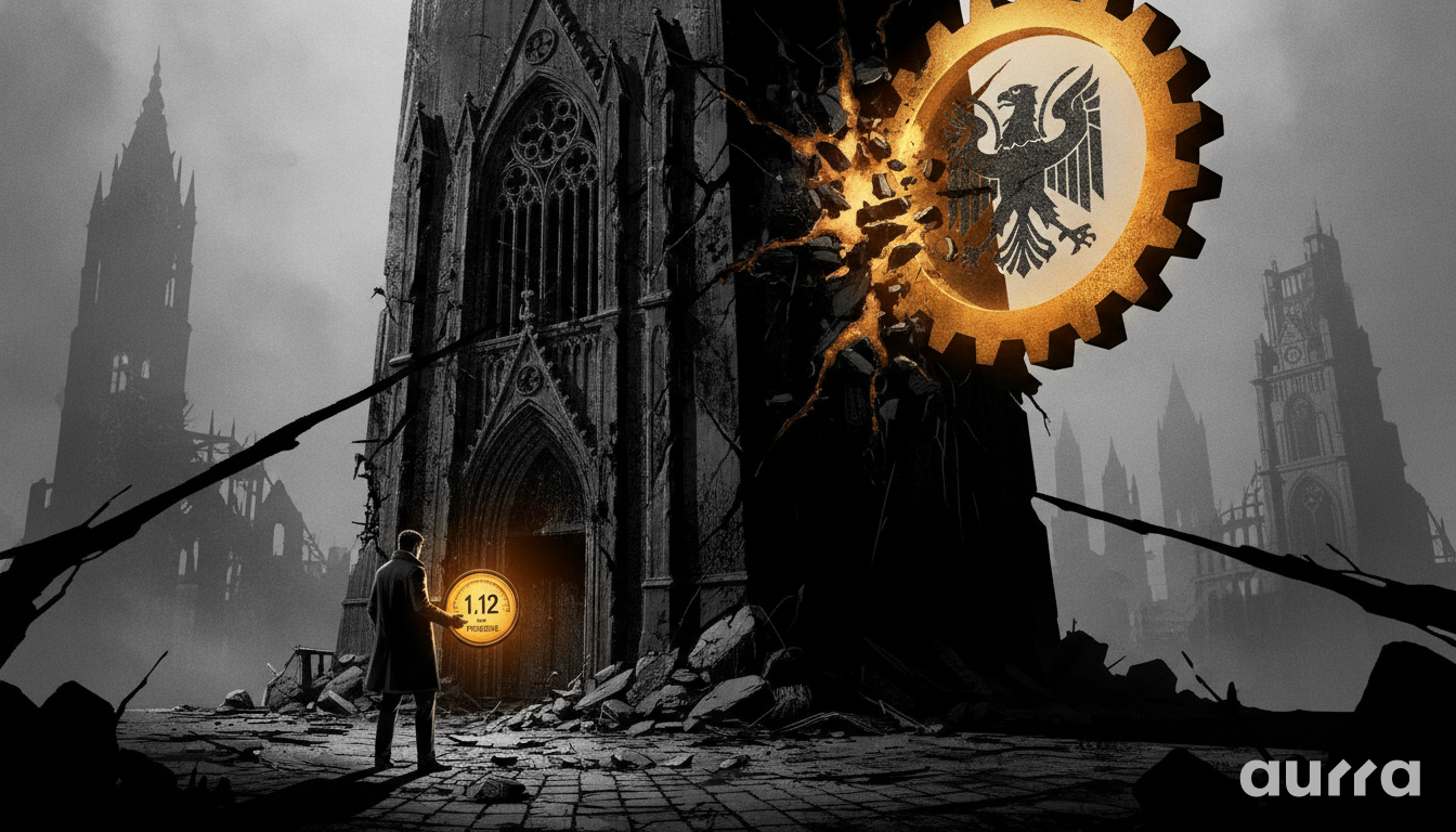 A sketch drawing in image_10c8de.jpg showing a man in a coat holding a glowing round sign labeled 1.12 near a ruined Gothic cathedral door. A large glowing golden cog with an eagle emblem cracks the stone tower, surrounded by flying sparks under a dark, cloudy sky.