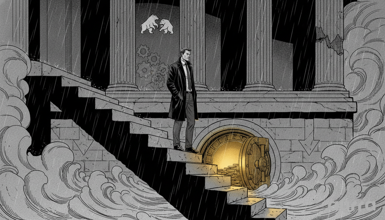 A sketch drawing in image_2573d8.jpg showing a man in a dark overcoat standing on a stone staircase in front of a classical building with tall pillars in the rain. Below the stairs, a circular vault door stands open, revealing glowing gold coins inside, while two white bears and gears appear on the wall above amid swirling clouds of smoke.