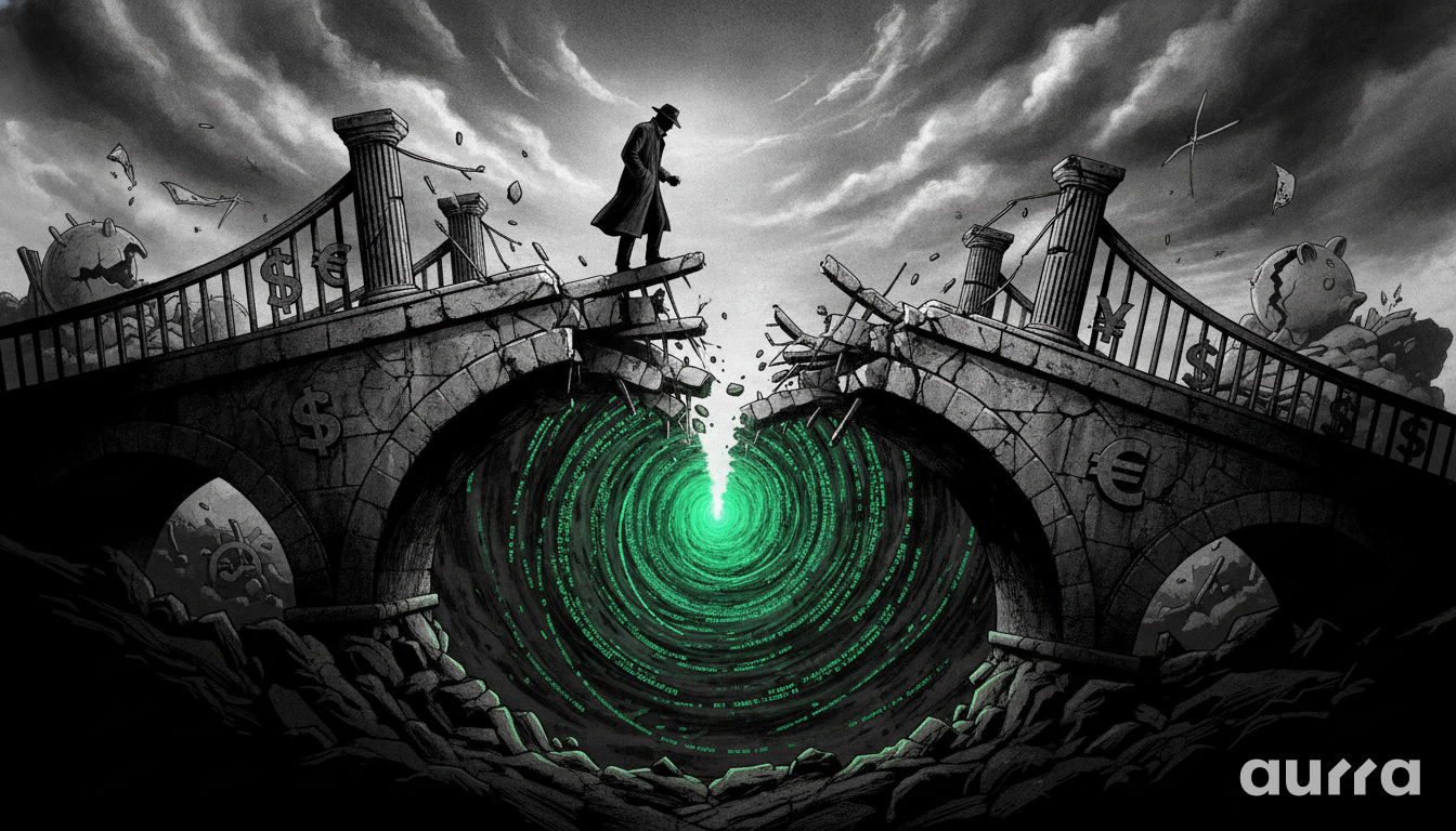 A sketch drawing in image_4428ce.jpg showing a man in a trench coat and fedora standing at the edge of a broken stone bridge marked with currency symbols. Below the collapsed gap, a green vortex filled with digital binary code swirls downward, while cracked piggy banks sit among ruins on the bridge deck.