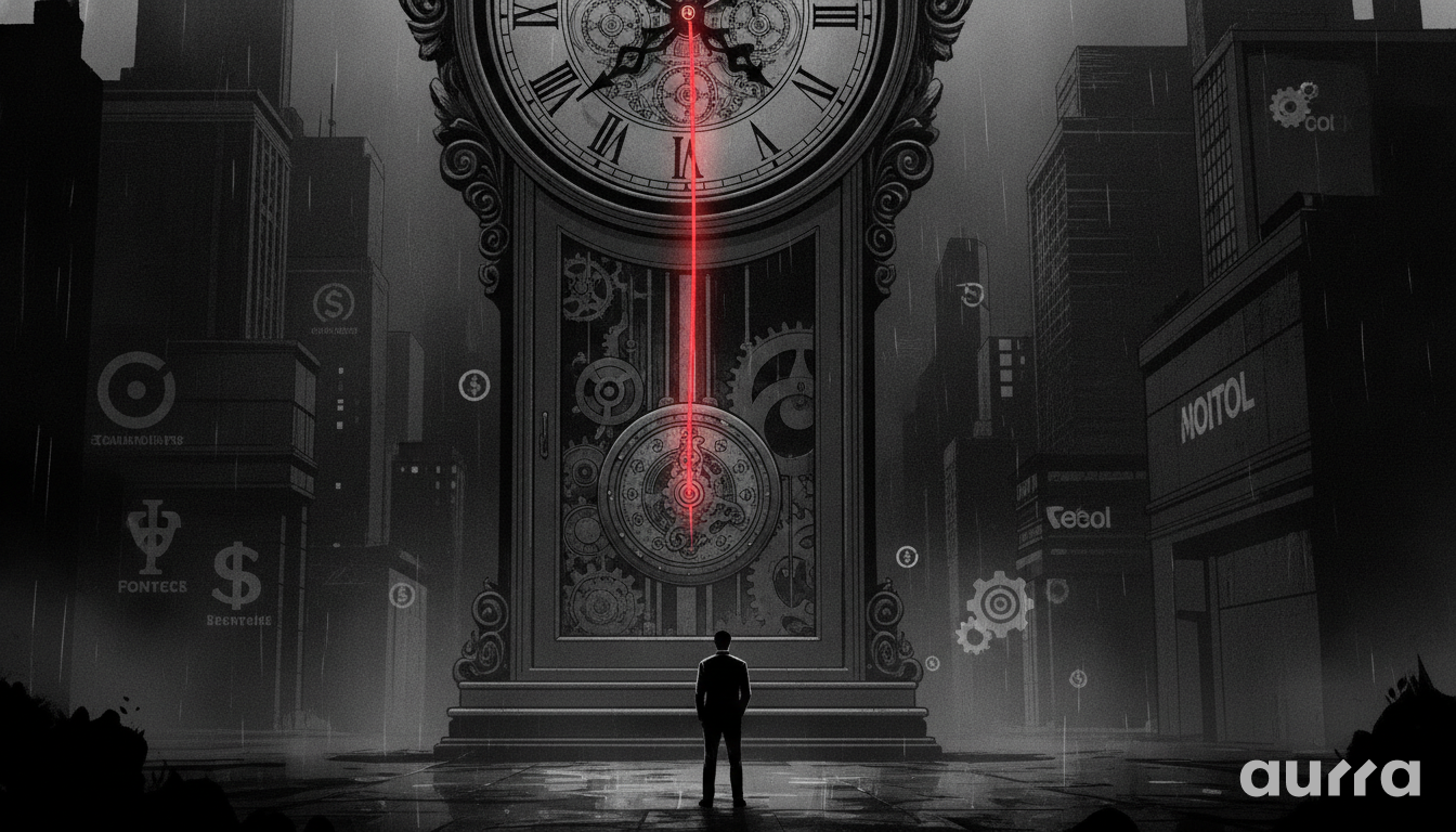 A sketch drawing showing a person in a dark suit standing on a wet city street, facing a massive antique grandfather clock with exposed internal gears. A sharp vertical red laser beam shines straight down the center of the clock face and pendulum, framed by rainy urban buildings marked with financial symbols.