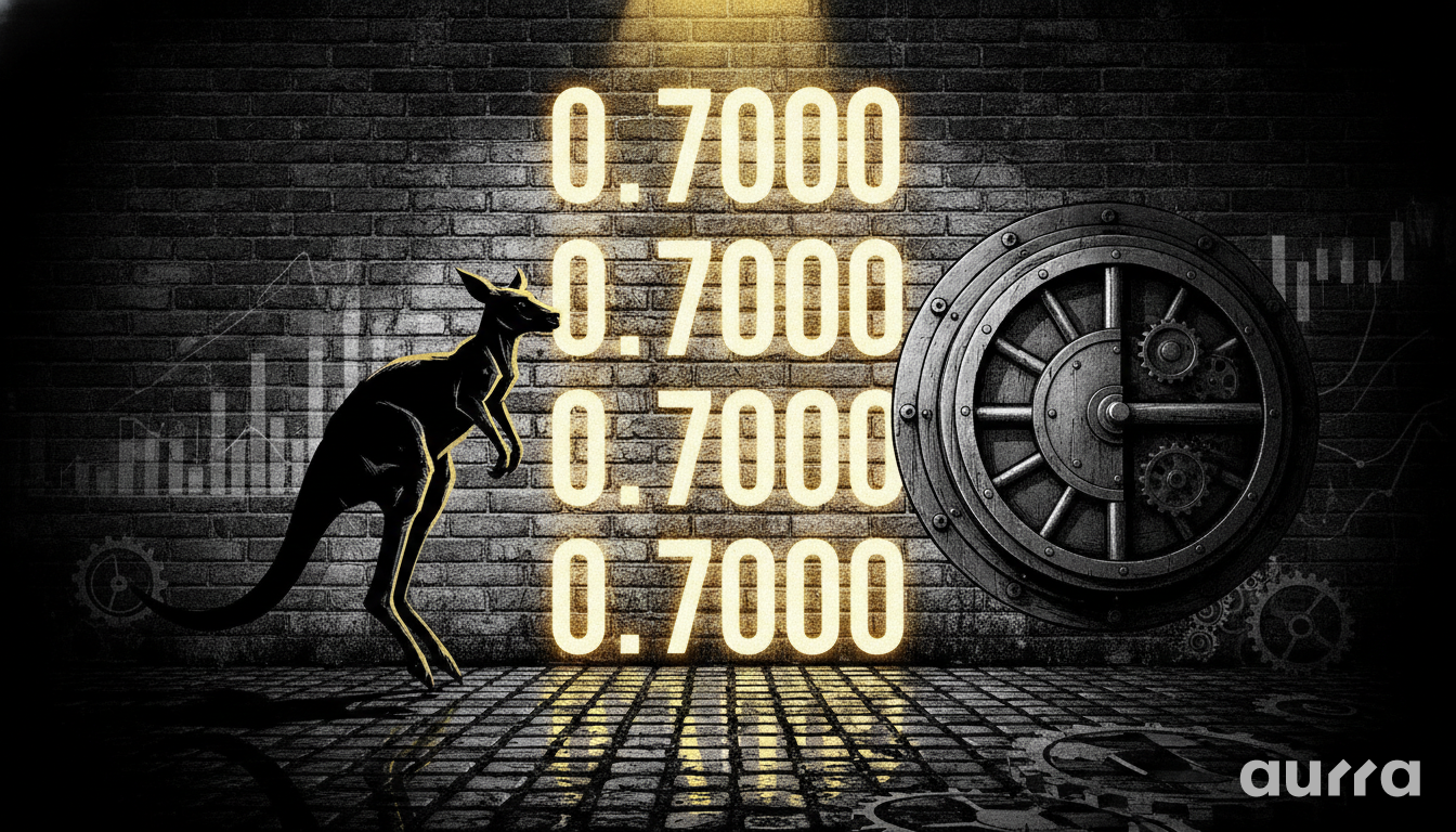 A sketch drawing in image_9f26a3.jpg showing a kangaroo silhouette standing on a wet stone street under a beam of light illuminating repeated glowing yellow 0.7000 text. A massive circular metal vault door sits on the right brick wall alongside financial bar charts and faint gears in the background.