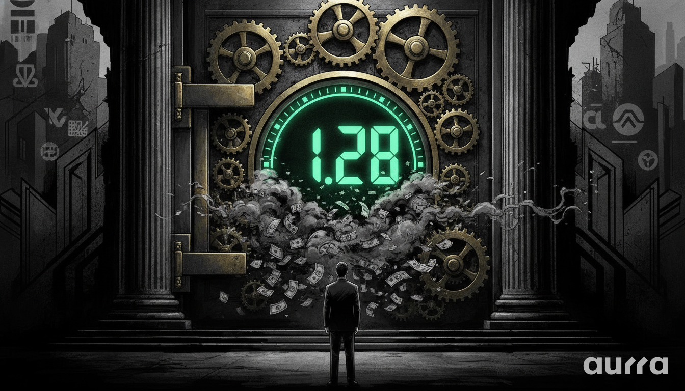 A sketch drawing showing a man in a dark suit facing a giant bank vault door framed by stone pillars. The center of the vault displays the number 1.2B in glowing green digital font, surrounded by interlocking brass gears, swirling smoke, and loose dollar bills floating through the air.
