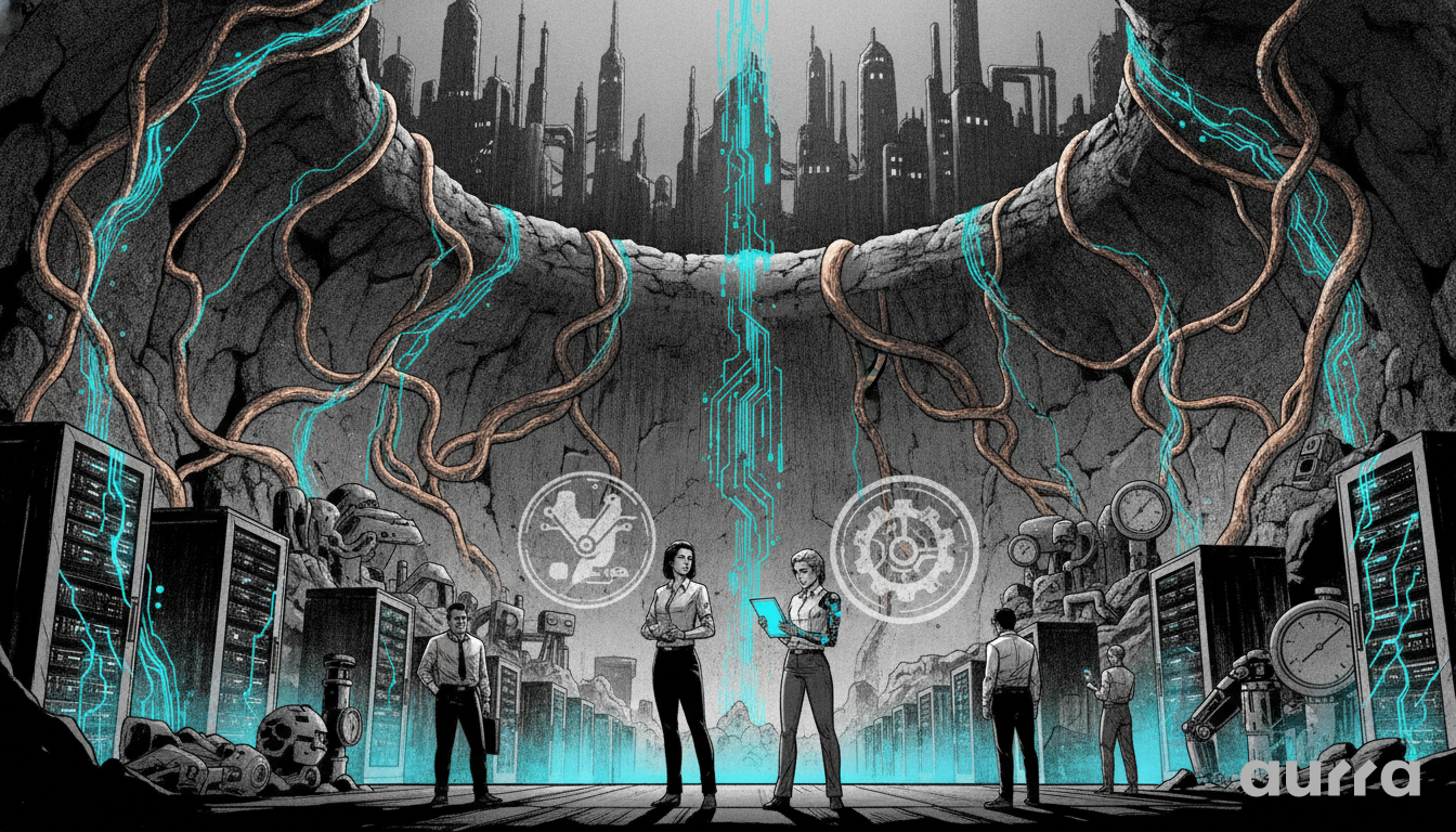 A sketch drawing showing people and a cybernetic woman with a tablet standing in an underground cavern lined with server racks and industrial gauges. Large roots and blue glowing circuitry descend from an opening in the cavern ceiling that looks up at a futuristic city skyline.