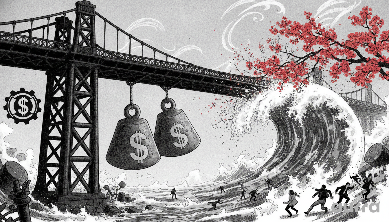 A sketch drawing in image_3fb4a0.jpg showing a suspension bridge with two heavy weights marked with dollar signs hanging beneath the deck. A massive ocean wave curls beneath blooming pink cherry blossom branches while small figures run along the shore below.