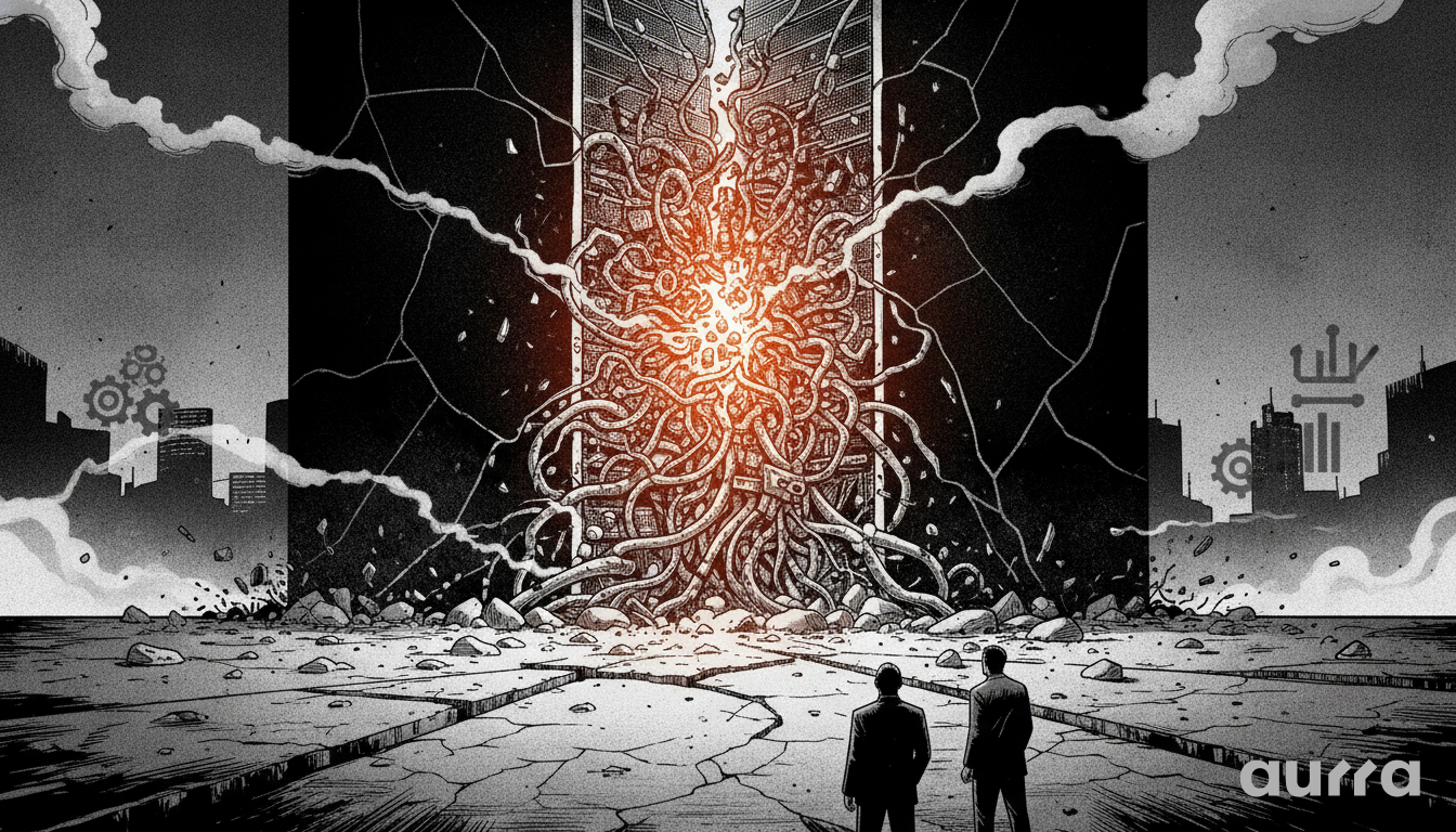 A sketch drawing in image_9ec565.jpg showing two men in suits standing on cracked ground, observing a server rack structure bursting open with a mass of thick cables, smoke, and an orange glow against a fractured black wall and city skyline.